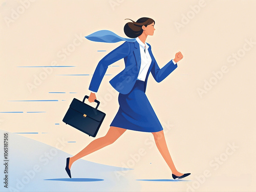 cartoon illustration of A businesswoman in a blue suit is running with a briefcase, symbolizing urgency and determination.