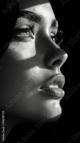 Close-up grayscale portrait of a woman's face.
The woman's expression is serene and slightly upward-looking