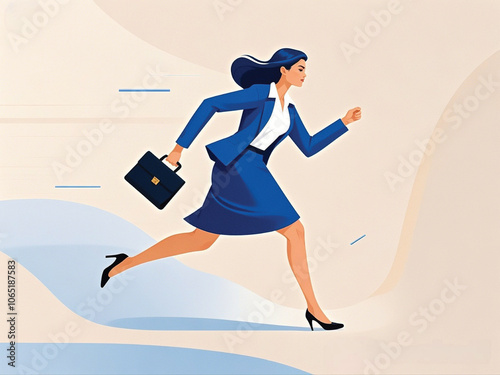 cartoon illustration of A businesswoman in a blue suit is running with a briefcase, symbolizing urgency and determination.
