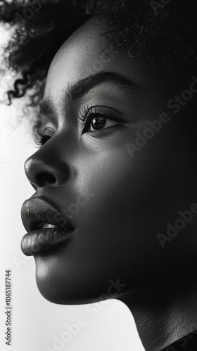 Close-up black and white profile portrait of a woman. 
The woman's face is the central focus, angled towards the right side of the frame.