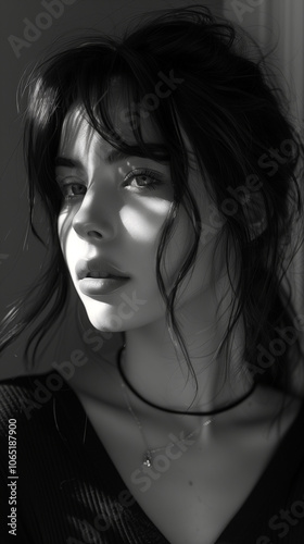 Close-up black and white portrait of a young woman. 
The woman's face and upper body are the central focus, with her gaze directed slightly off to the viewer's right