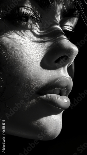 Close-up black and white portrait of a woman's face. 
The lighting creates a dramatic contrast, with strong shadows and highlights that accentuate the texture of the skin