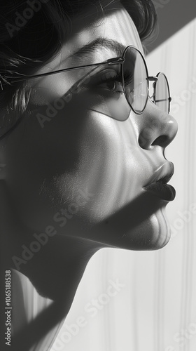 Close-up black and white profile portrait of a woman. 