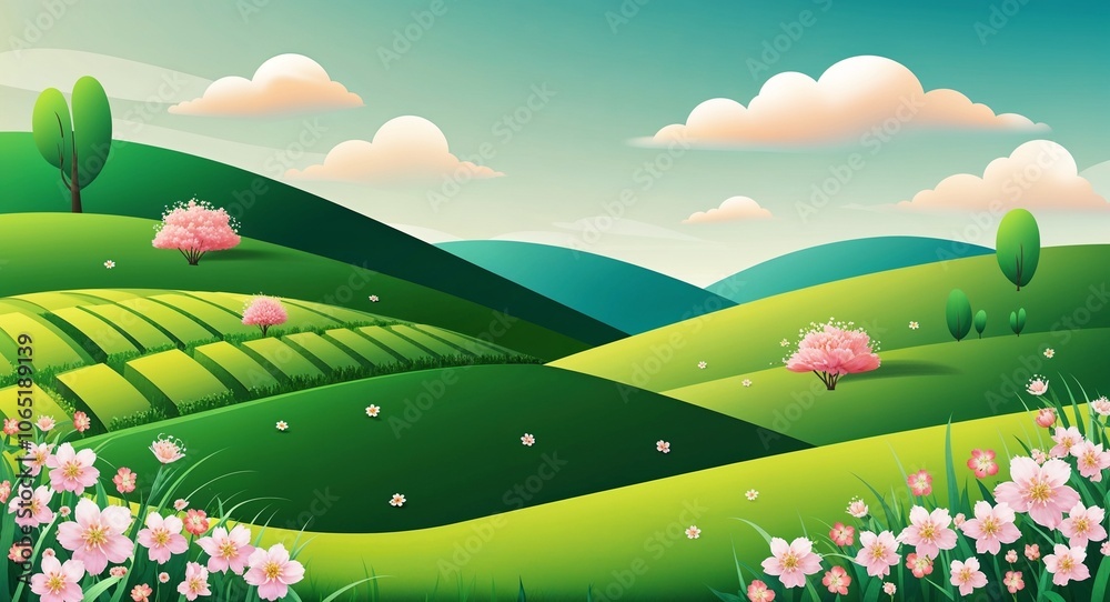 Obraz premium Springtime hills illustration with green fields blossoms and soft clouds