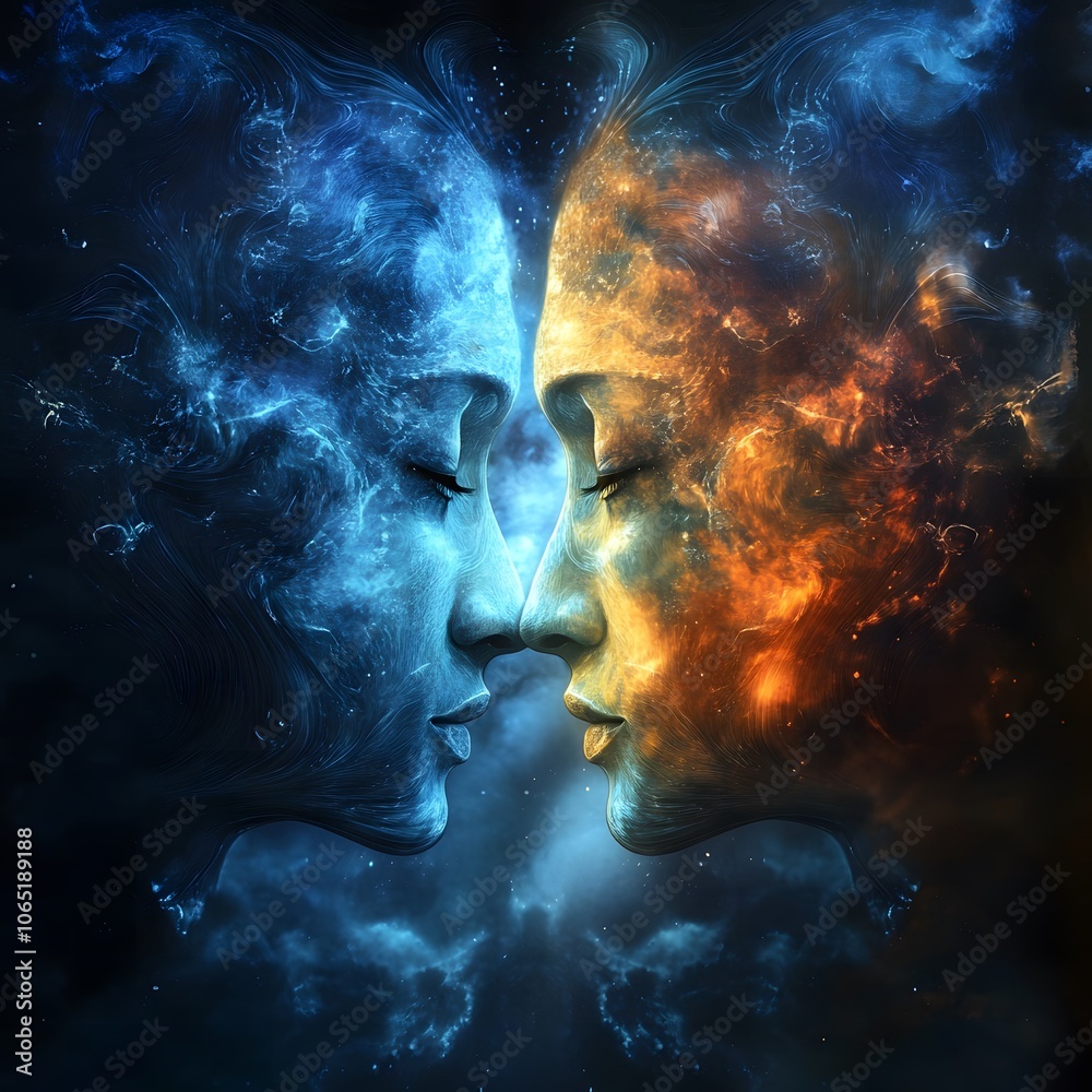 An abstract image of two faces merging, symbolizing deep connection and understanding An abstract image of two faces merging, symbolizing deep connection and understanding