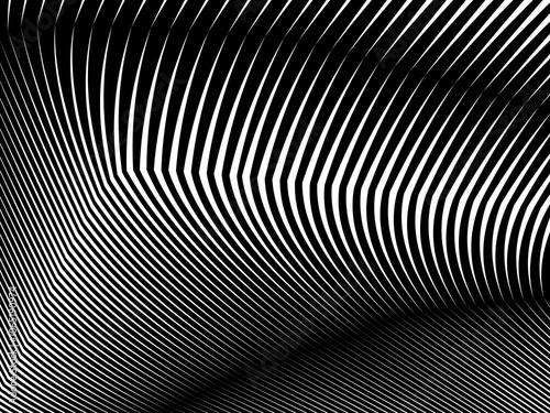 Abstract art geometric black background with abstract white stripes. Black and white optical illusion with waves and transitions.