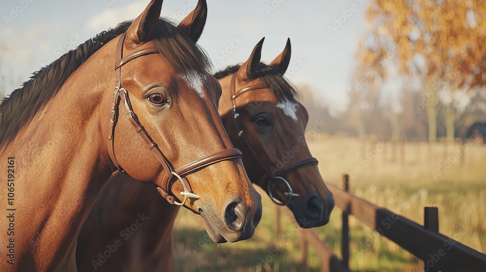 Two Brown Horses with Bridles in a Field Two Brown Horses with Bridles in a Field