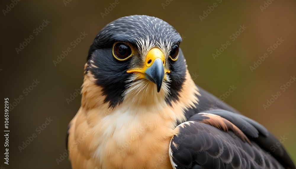 Fototapeta premium close-up portrait of a falcon with striking yellow eyes, feathers against a blurred brown background