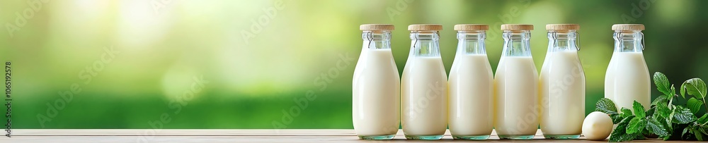 A row of milk bottles are on a wooden table A row of milk bottles are on a wooden table