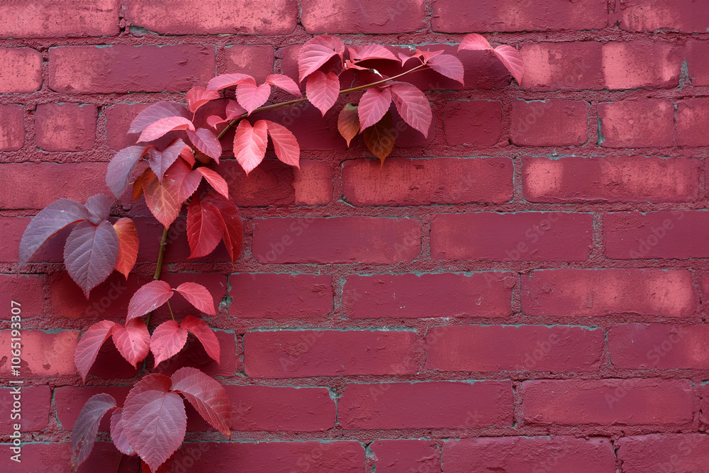 Obraz premium A border or a frame of red grape leaves climbing along the brick wall. Red grape leaves on the wall. Copy space for text