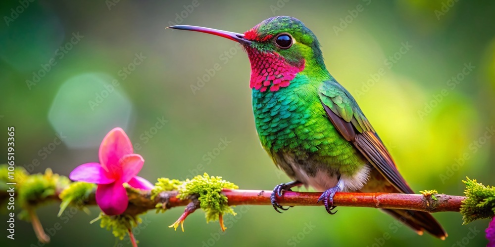 Fototapeta premium Hummingbird on Branch, Green Pink, Red Throat, Vibrant, Food Photography