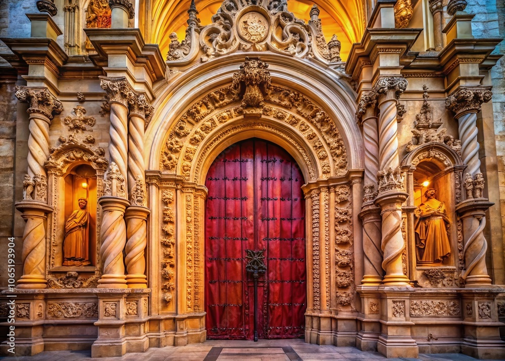 Fototapeta premium Intricate details adorn the grand church entrance.