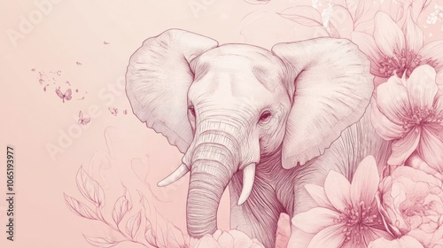 Elegant line art elephant with floral accents, creating a soft, graceful background photo