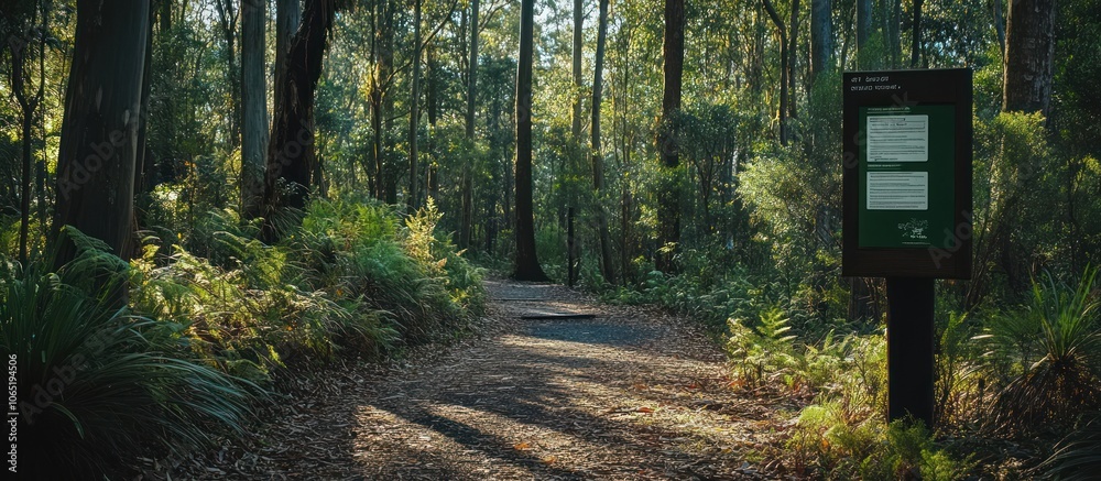A winding path leads through a lush forest with tall trees and ferns, a wooden signpost with information stands on the side of the trail. A winding path leads through a lush forest with tall trees and ferns, a wooden signpost with information stands on the side of the trail.