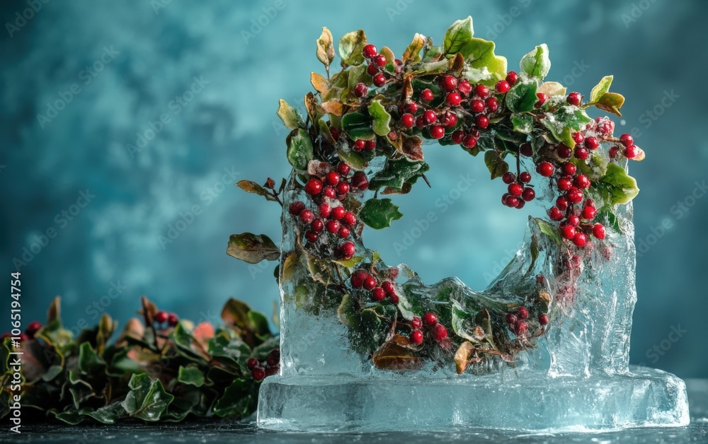 Obraz premium Winter Wreath in Ice Miniature wreath with berries and greenery frozen in an ice block, with a dusk blue background for a moody, festive vibe 