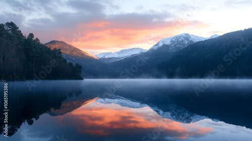 Majestic sunrise over a calm lake with mountain reflections and colorful clouds in a tranquil landscape