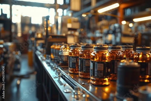 Amber Glass Bottles Moving on a Conveyor Belt in a Factory Setting