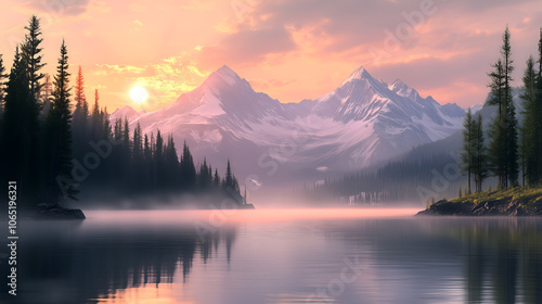 Majestic mountains reflected in a tranquil lake at sunrise with pink sky creating a serene wellness atmosphere