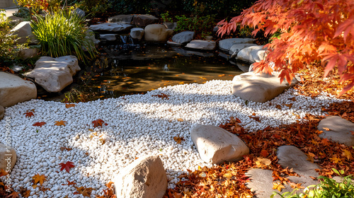 Japanese zen garden with rocks, pond, and autumn trees creating a serene and tranquil wellness atmosphere