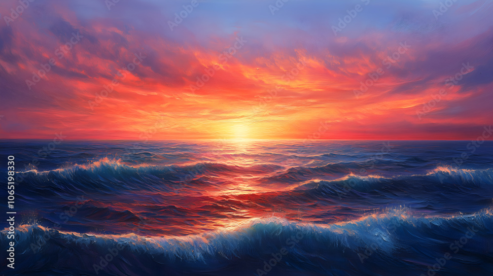 Fototapeta premium Majestic ocean waves under a vibrant sunset sky creating a breathtaking natural seascape with colorful clouds