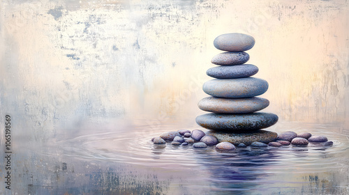 Stacked zen stones balancing in water with peaceful ripples representing harmony and tranquility in nature