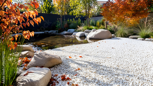 Japanese zen garden with rocks, pond, and autumn trees creating a serene and tranquil wellness atmosphere