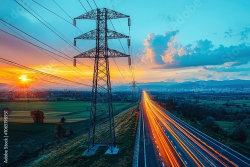 A Highway Running Through a Rural Landscape at Sunset, with a Powerline Tower in the Foreground