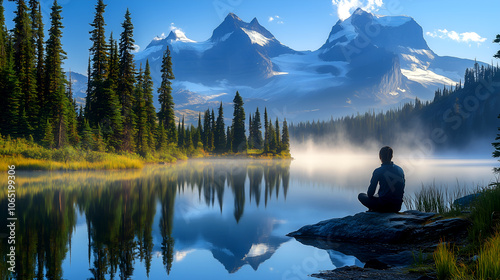 man meditating by a serene mountain lake at sunrise surrounded by nature creating a peaceful wellness atmosphere