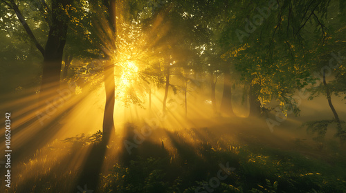 sunlight streaming through forest trees at sunrise creating a peaceful and rejuvenating wellness atmosphere