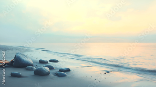 calm beach at sunrise with smooth stones and soft light creating a peaceful wellness atmosphere