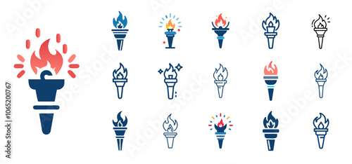 flames torches set flat outline vector icons, bright illumination burning hot