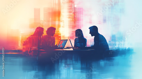 A group of people are sitting around a table with laptops, looking at a screen