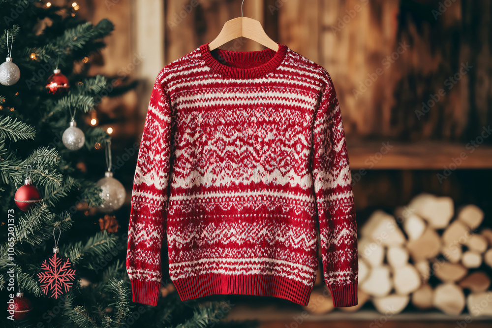 Red and white Christmas sweater hanging on a hanger in front of a decorated Christmas tree and a pile of firewood Red and white Christmas sweater hanging on a hanger in front of a decorated Christmas tree and a pile of firewood