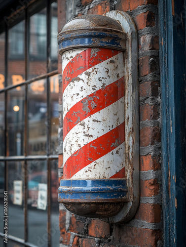 A close-up shot of a classic barber shop pole with red, white, and blue stripes, mounted on the brick exterior of a vintage barbershop. 