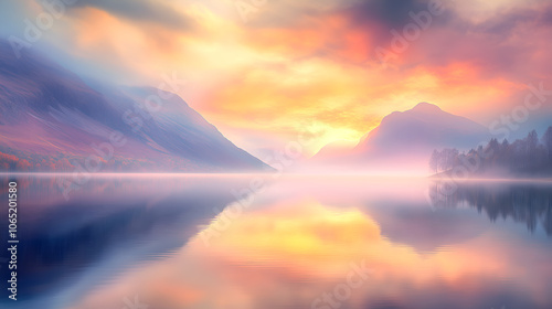 tranquil mountain lake at sunrise with soft pastel colors creating a peaceful and meditative wellness atmosphere