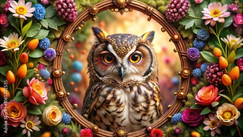 Owl Floral Frame, Candid Photography, AI Art, Nature, Wildlife