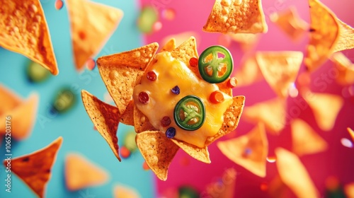 Floating nacho chips and melted cheese with jalape on a festive, bold background photo