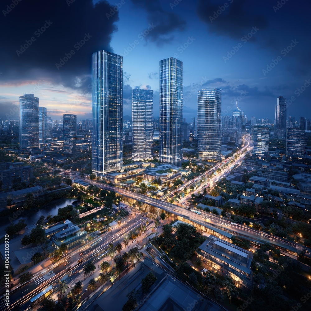 Fototapeta premium Explore the Vibrant Urban Landscape of Modern Skyscrapers at Dusk