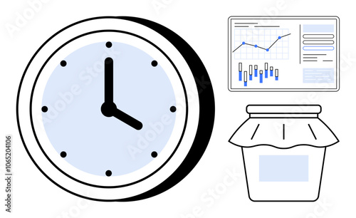 Wall clock beside a graph chart featuring data analysis, and a jam jar. Ideal for productivity, business, economics, food preservation, scheduling, time management, and resource allocation themes