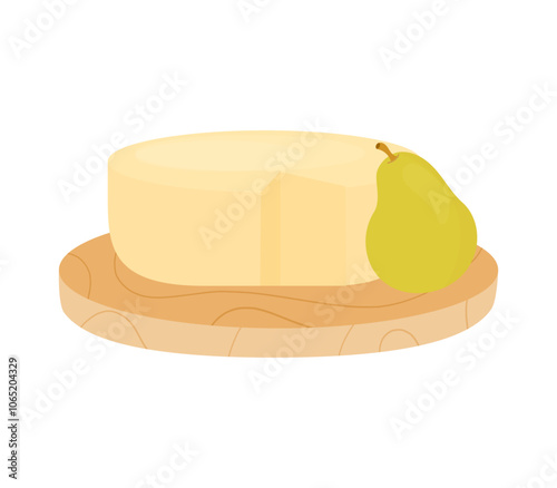 Round Cheese parmesan with pear on white background. Pieces of hard cheese on plate. Vector illustration.
