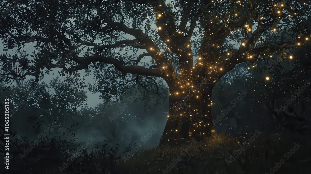 Fototapeta premium Magical trees light up the magical forest with a twilight glow, Fireflies Fantasy