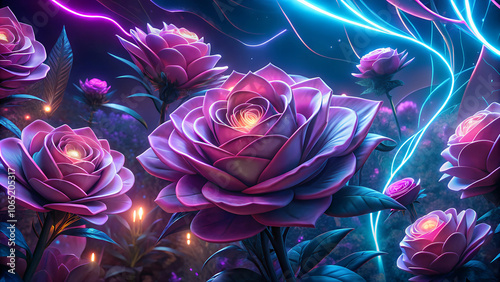 Vibrant digital roses with glowing neon accents, fantasy garden atmosphere, colorful floral art
