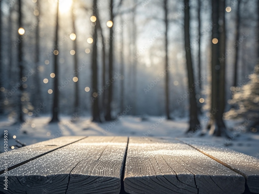 Wooden table top with winter blurred background. Light glare on the background, the rays of the sun in the winter forest.