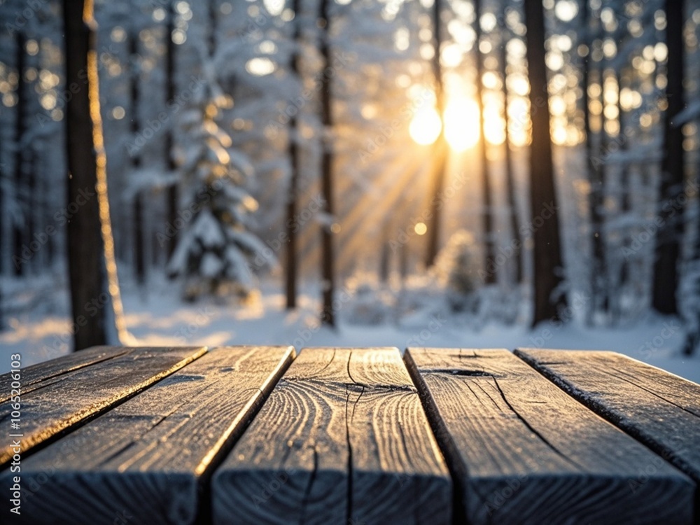 Wooden table top with winter blurred background. Light glare on the background, the rays of the sun in the winter forest.