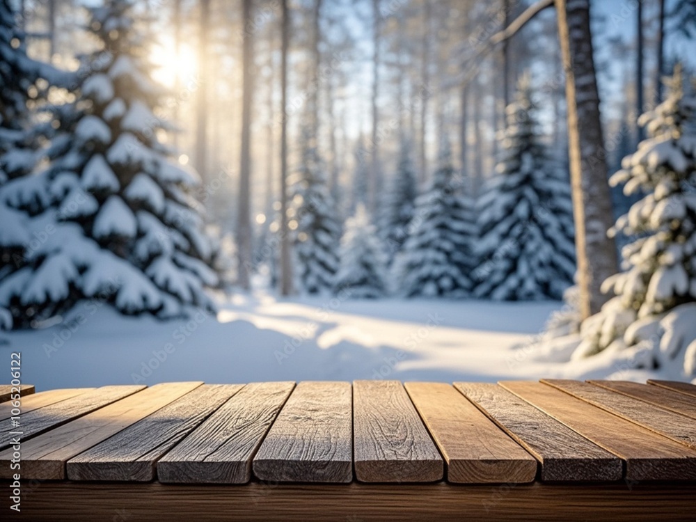 Wooden table top with winter blurred background. Light glare on the background, the rays of the sun in the winter forest.