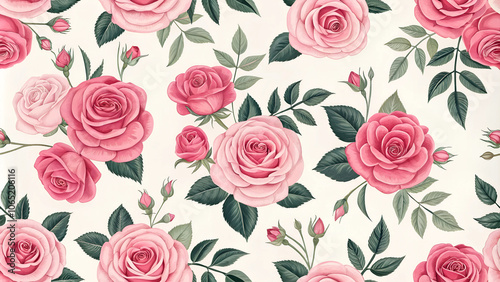 Vibrant floral pattern of pink roses and green leaves on light background for decorative design
