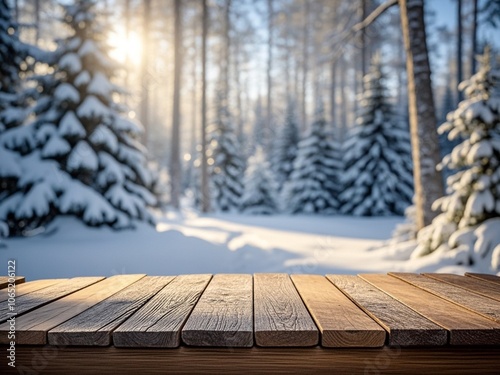 Obraz na płótnie Wooden table top with winter blurred background. Light glare on the background, the rays of the sun in the winter forest. w salonie