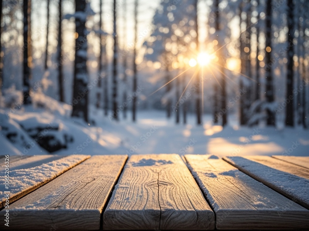 Wooden table top with winter blurred background. Light glare on the background, the rays of the sun in the winter forest.
