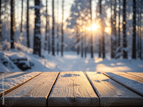 Obraz na płótnie Wooden table top with winter blurred background. Light glare on the background, the rays of the sun in the winter forest. w salonie