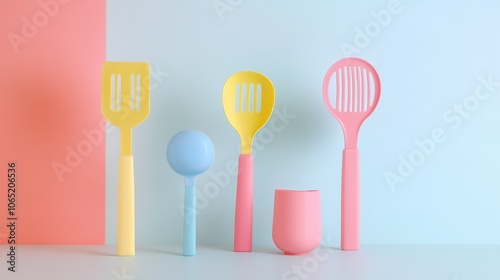 Floating toy kitchen utensils on a pastel background, symbolizing creative pretend play